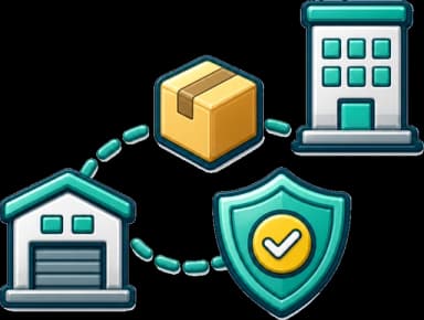 Illustration of a parcel travelling along a route line between two buildings under an insurance shield representing door to door transit cover