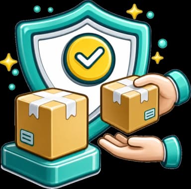 Illustration of two stacked parcels, one marked owned and one being handed over, under an insurance shield representing own goods and customers goods