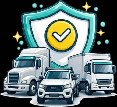 Illustration of a van, ute and rigid truck grouped under an insurance shield representing goods in transit cover across every vehicle type