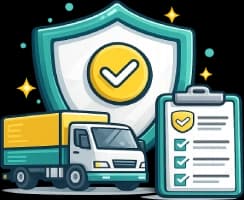 Transport liability insurance icon showing a truck, shield and freight checklist representing carrier liability and freight responsibility cover for transport operators in Australia.