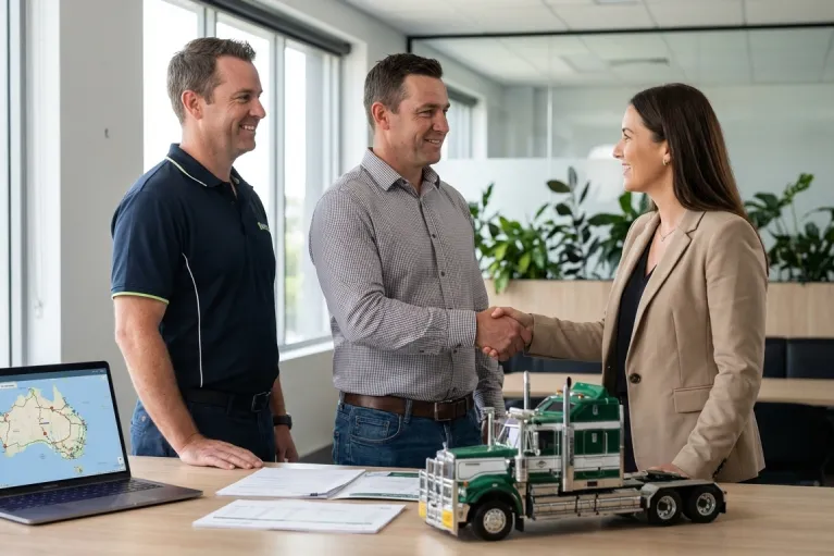 Transport and logistics professionals meeting with an insurance advisor about freight and transport insurance