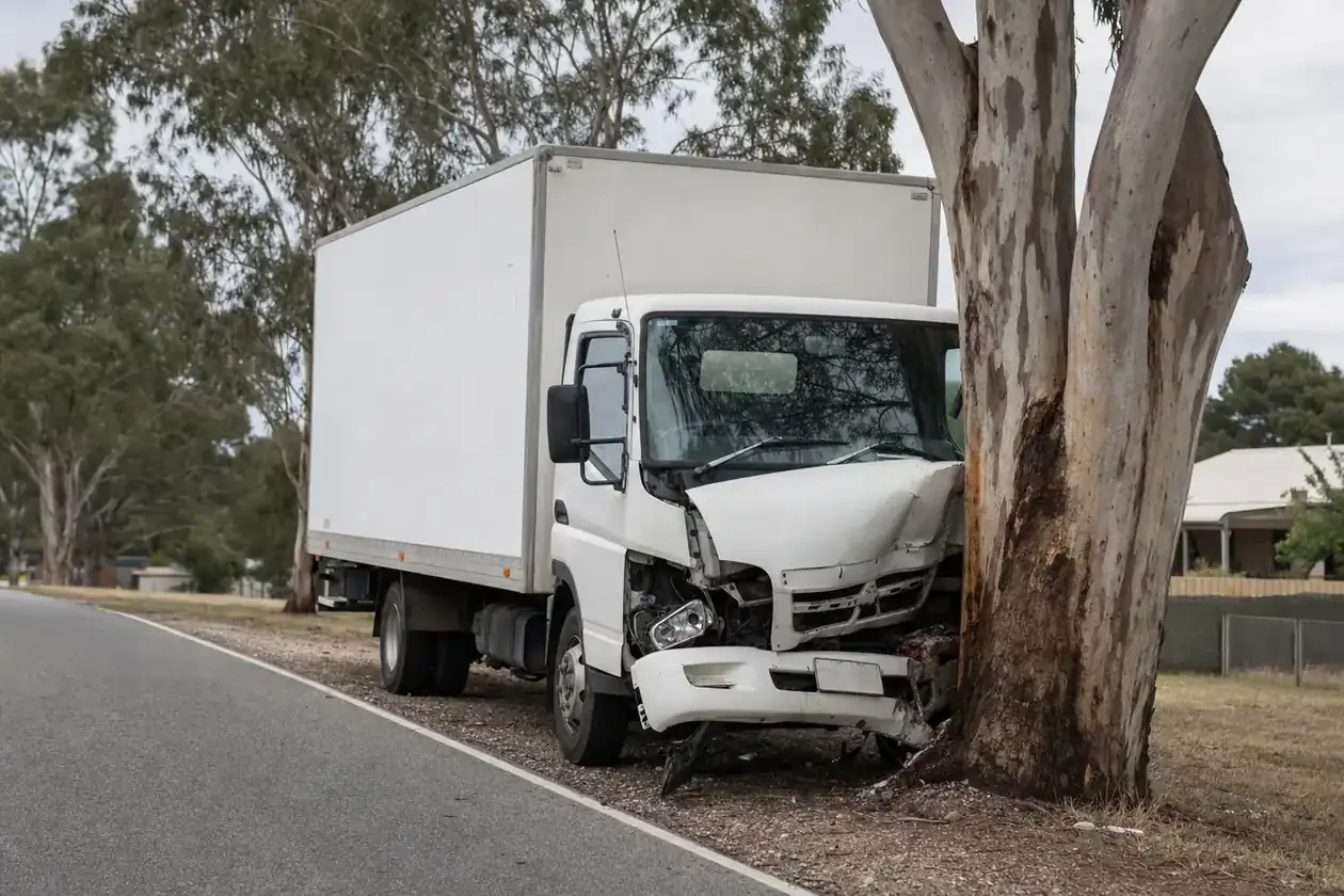 White rigid delivery truck with front-end damage after clipping a gum tree on an Australian roadside