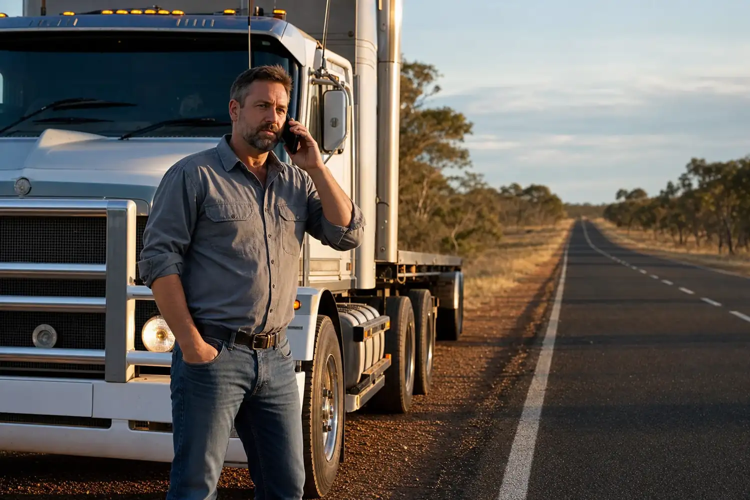 Australian truck owner-driver on the phone beside his prime mover on a rural highway shoulder