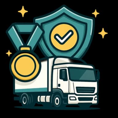Illustration of an award medal beside a transport truck with an insurance shield representing years of specialist broking experience