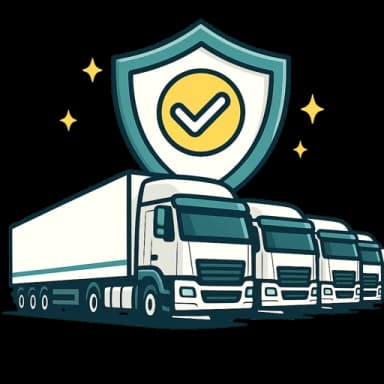 Illustration of a row of transport trucks with an insurance shield representing fleets of one to over a thousand vehicles