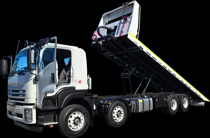 White tilt-tray truck representing heavy transport and tilt-tray cover