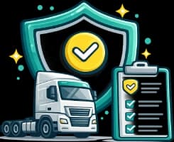 Truck insurance icon showing a prime mover truck with shield protection representing insurance cover for rigid trucks, prime movers and heavy transport vehicles in Australia.