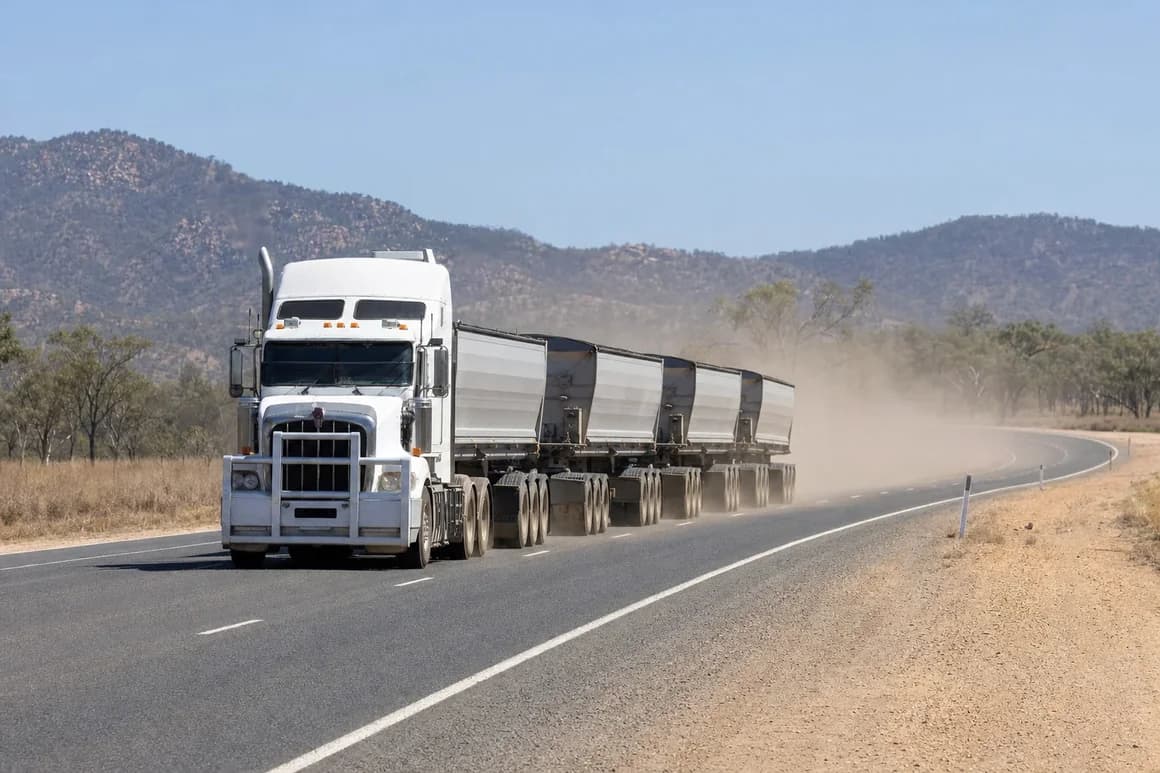 Road train with side tipper trailers on a sealed haul road through dry inland Queensland ranges