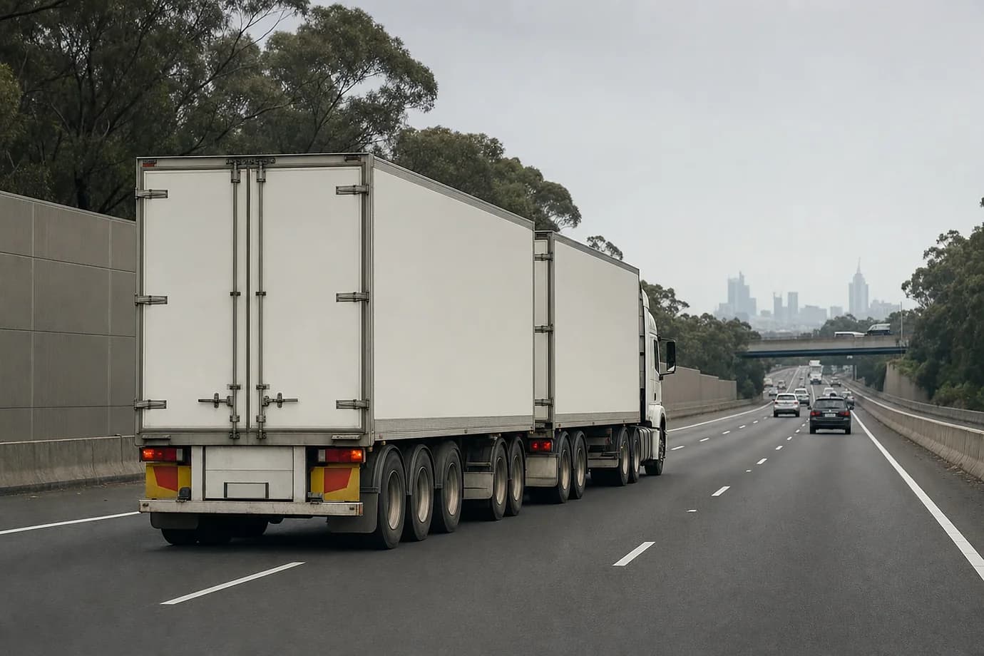 B-double keeping left on a multi-lane urban motorway, sound walls either side and a city skyline in the haze beyond