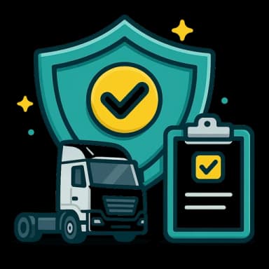 Transport risk illustration featuring a freight truck, forklift, cargo and operational risk checklist for transport and logistics insurance.