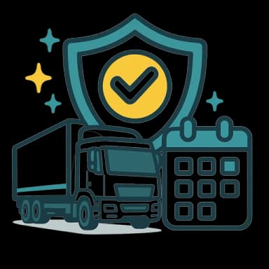 Teal shield with a truck and calendar representing a long-term relationship focus