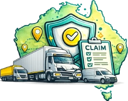 Illustrated Australia-wide fleet support icon featuring commercial trucks, transport insurance shield, claim checklist and map of Australia representing nationwide fleet insurance services.