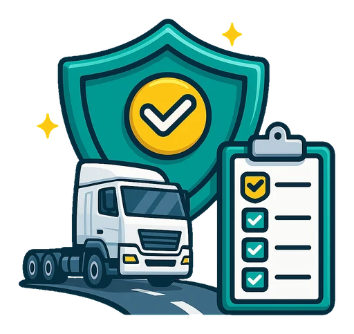 Back on the road icon showing a transport truck on a road with an insurance shield and claims checklist for operational recovery support.
