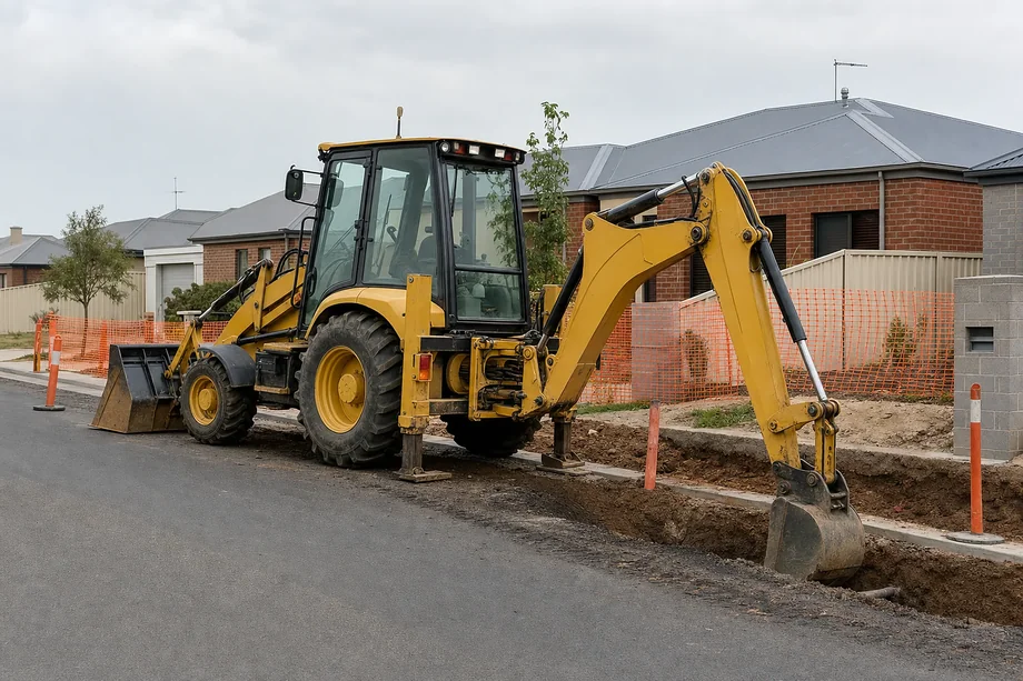 Backhoe loader digging a service trench beside the kerb on an Australian suburban street