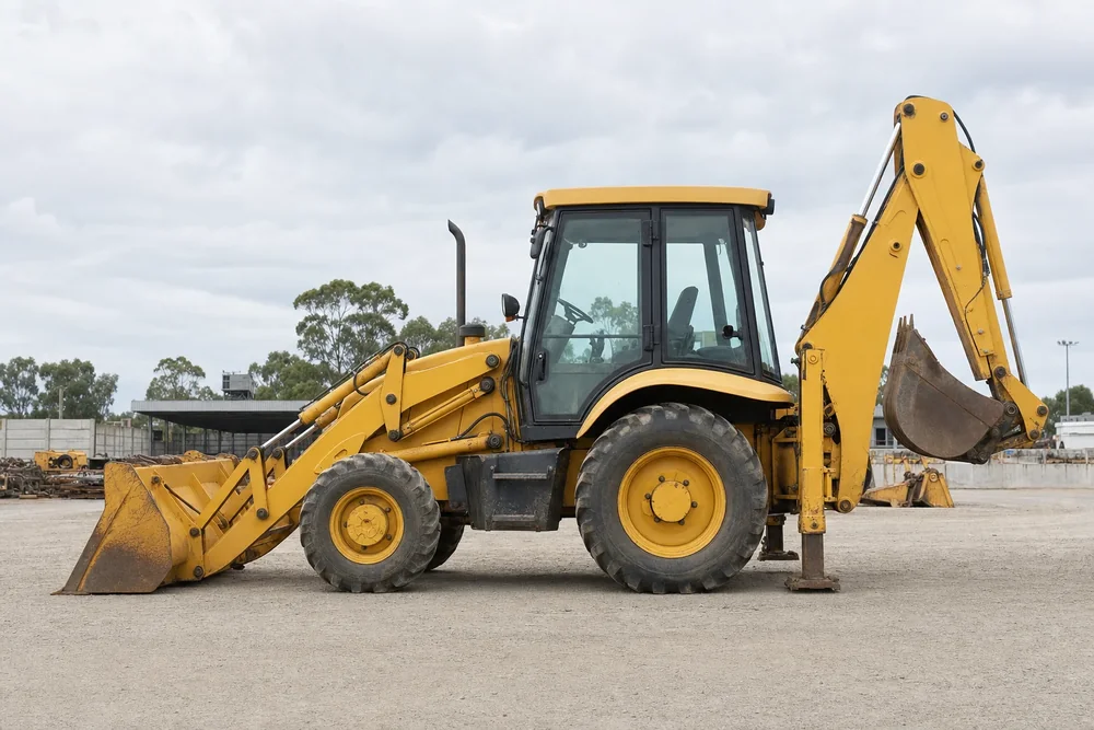 Backhoe loader parked side on at an Australian civil contractor yard