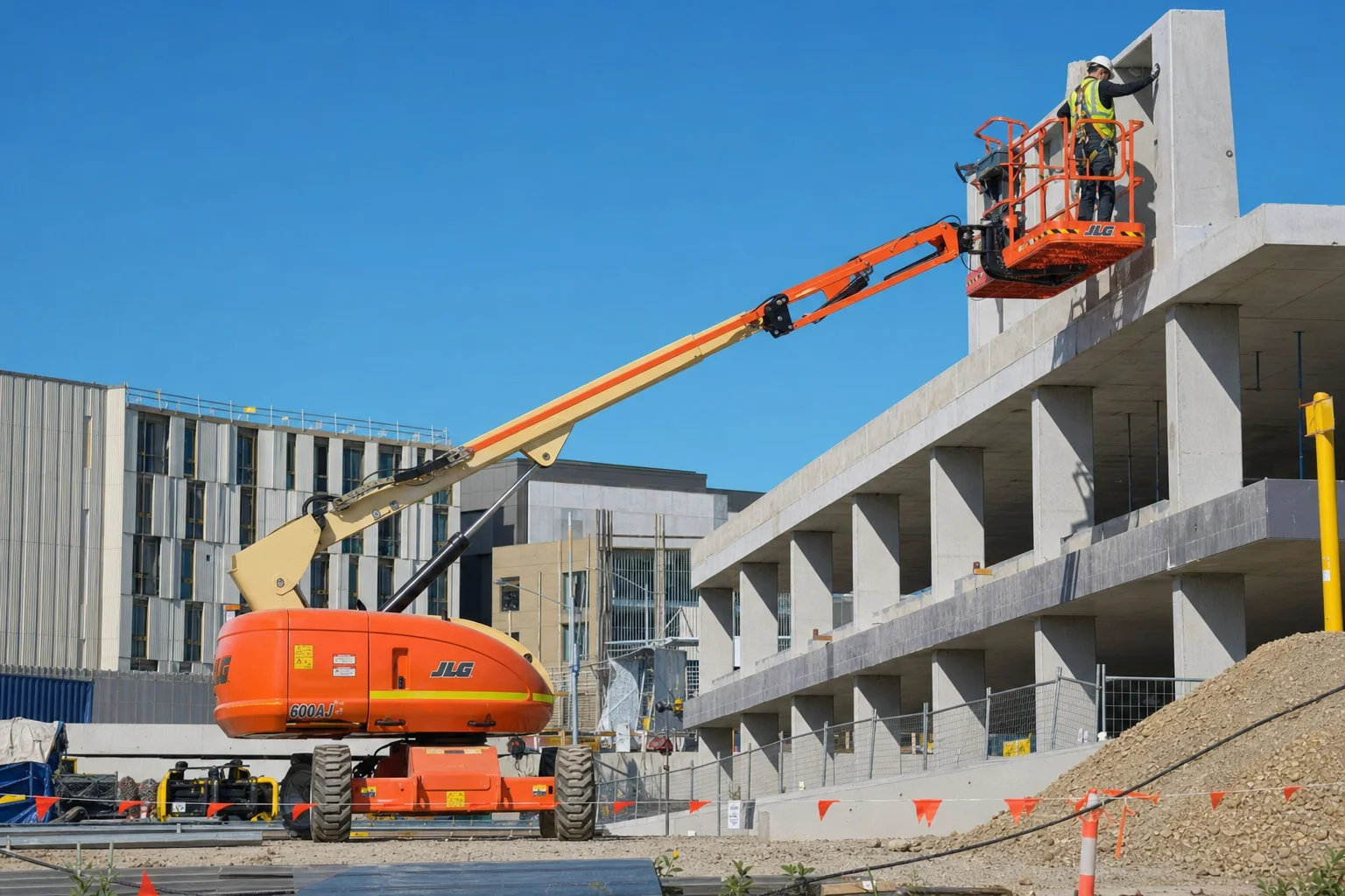Worker in the basket of an elevated work platform on an Australian construction site