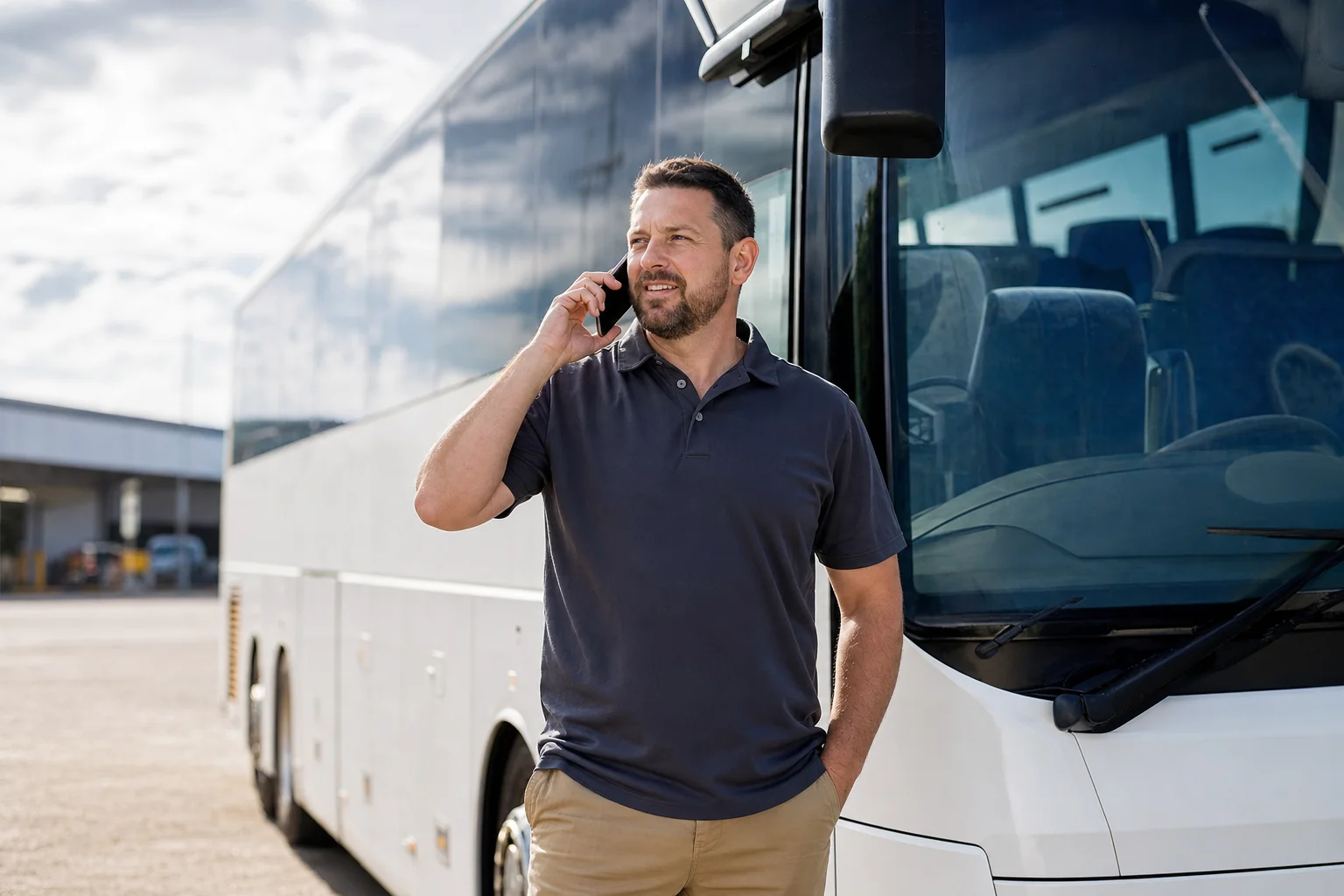 Bus and coach operator on the phone to their insurance broker beside their coach in Australia