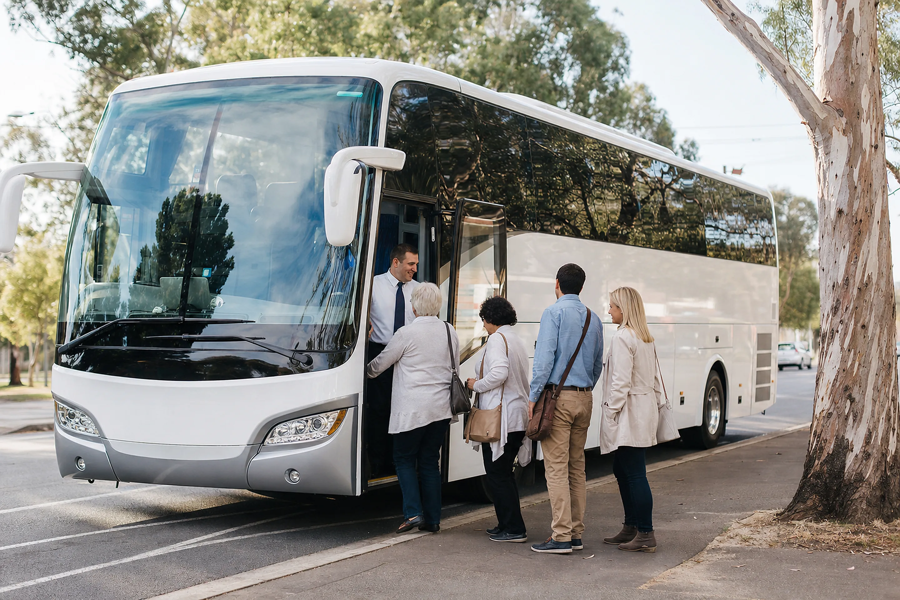 Australian charter coach parked with passengers boarding for a trip