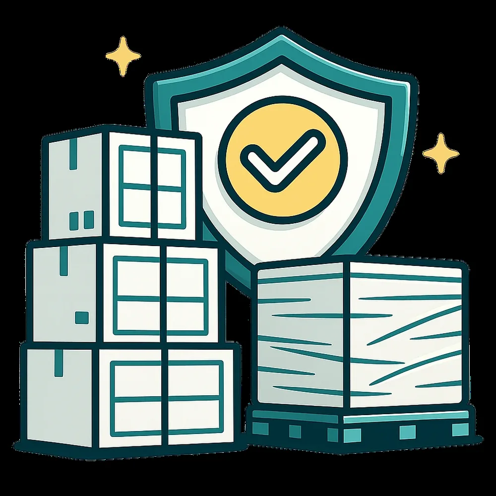Illustration of stacked cargo crates and a freight pallet with an insurance shield representing goods and liability cover
