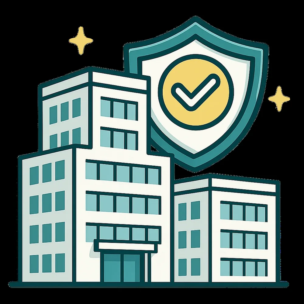 Illustration of a professional handshake in front of an office building with an insurance shield representing specialist marine and transport insurers