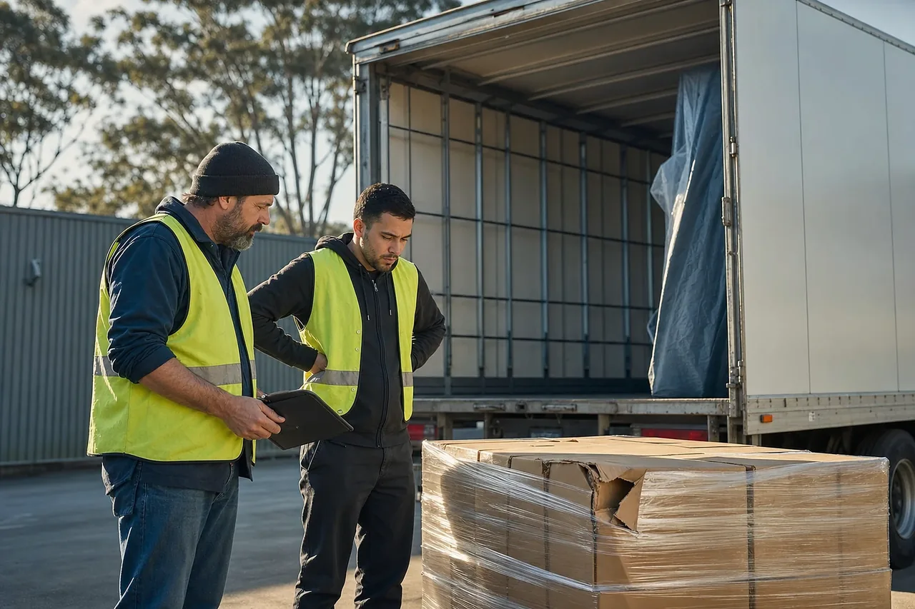 Truck driver and warehouse worker inspecting a damaged pallet of cartons at the rear of a curtainsider truck in an Australian yard