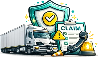 Illustrated claims coordination icon featuring a damaged commercial truck, insurance claim checklist, safety shield and support phone representing transport insurance claims management and incident response.