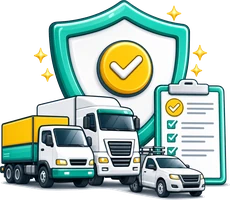 Commercial vehicle insurance icon showing a truck, van and ute with a shield representing cover for the commercial vehicles Australian businesses run.