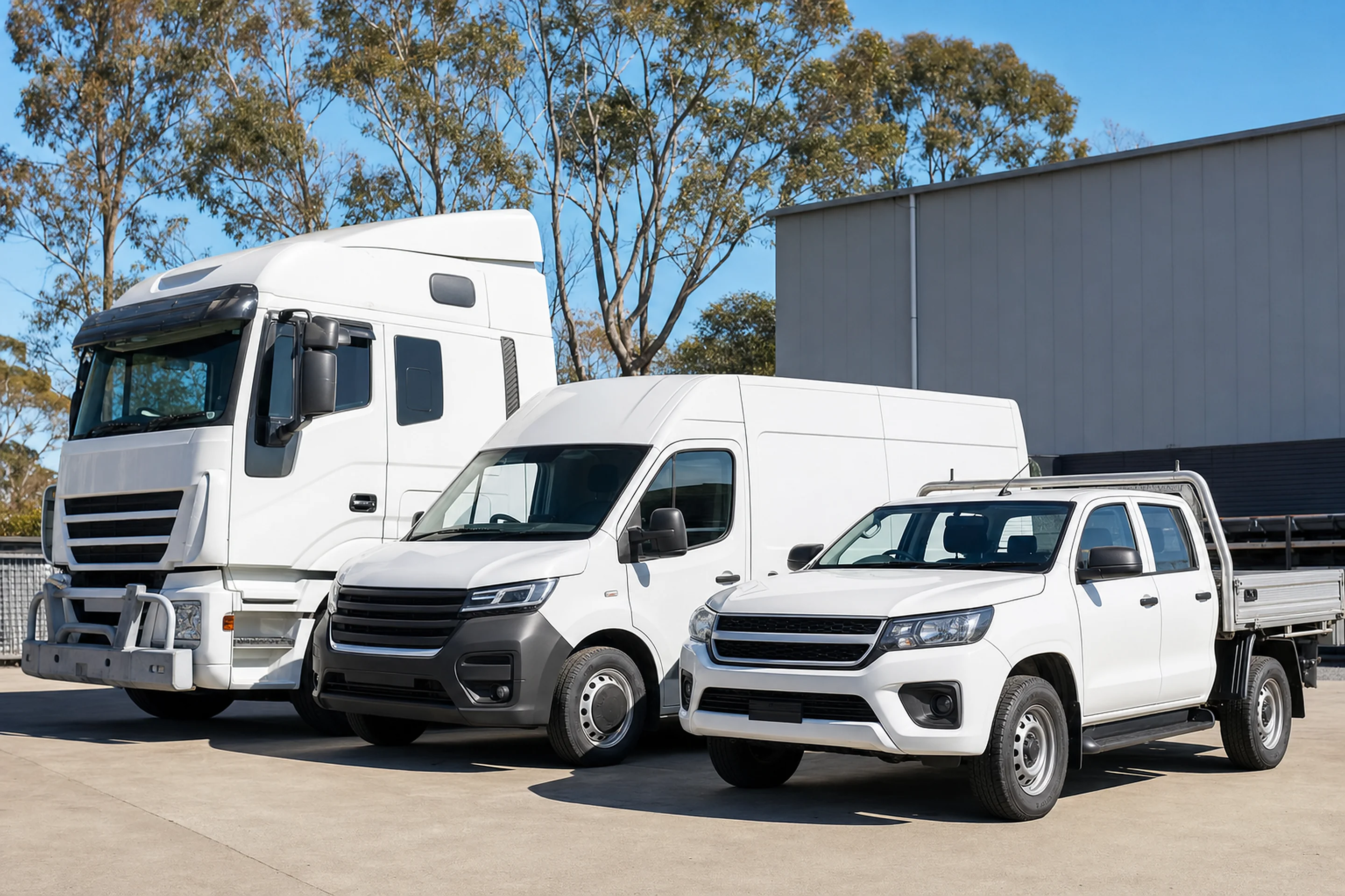 A prime mover truck, delivery van and work ute parked together in an Australian business yard