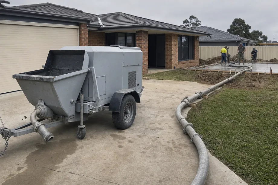 Trailer mounted concrete line pump with delivery hoses laid out on an Australian residential driveway