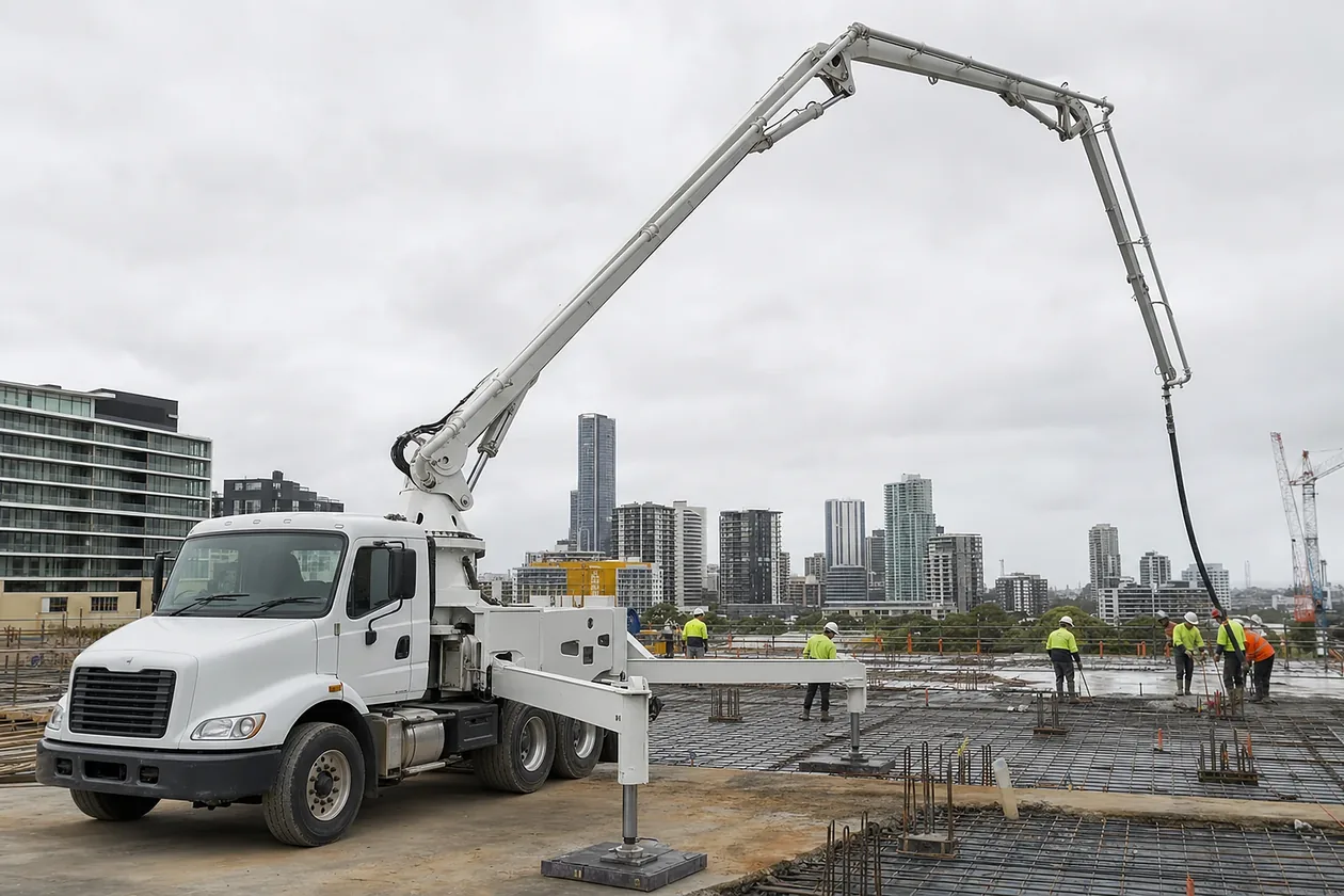 Truck mounted concrete boom pump set up on outriggers with the placing boom arched over a slab pour in Australia