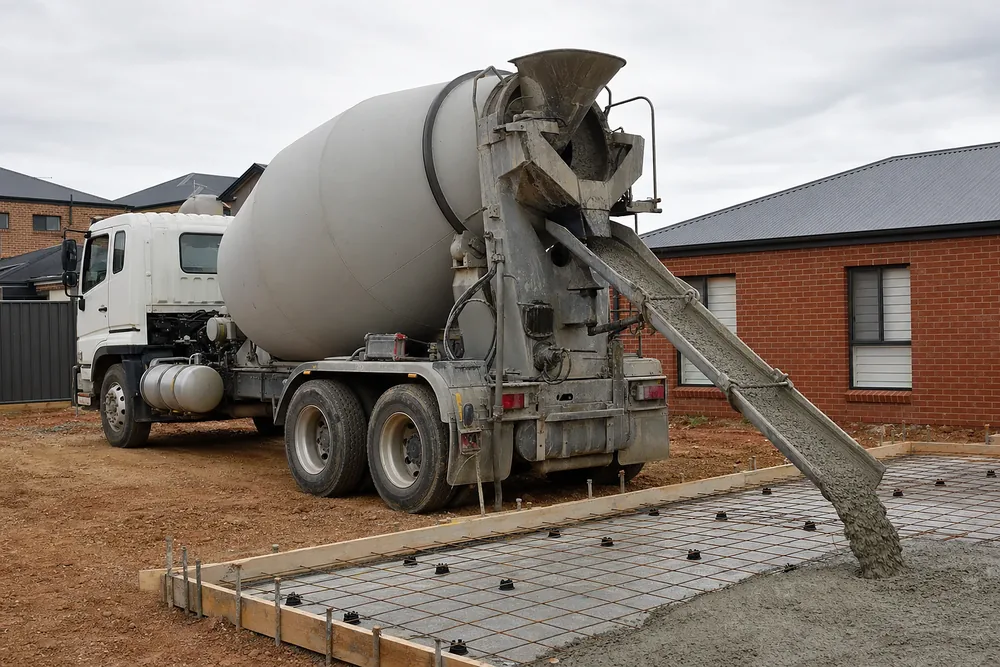 Concrete agitator truck with the chute swung out over slab formwork on an Australian residential building site