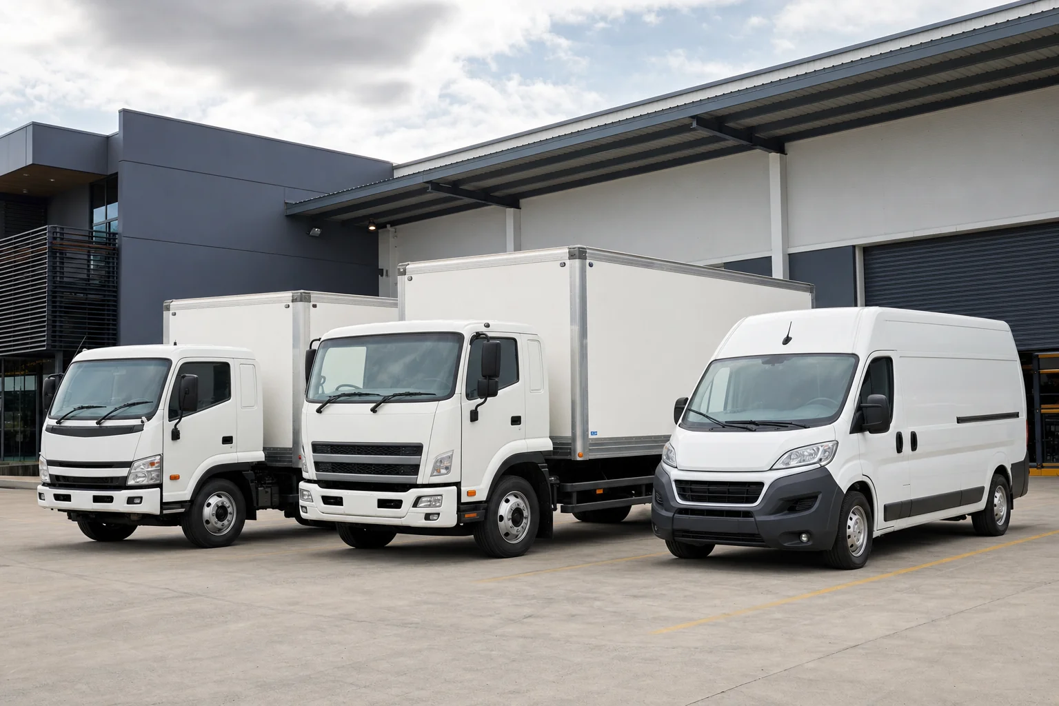 Courier and logistics fleet of delivery vehicles parked at an Australian distribution depot