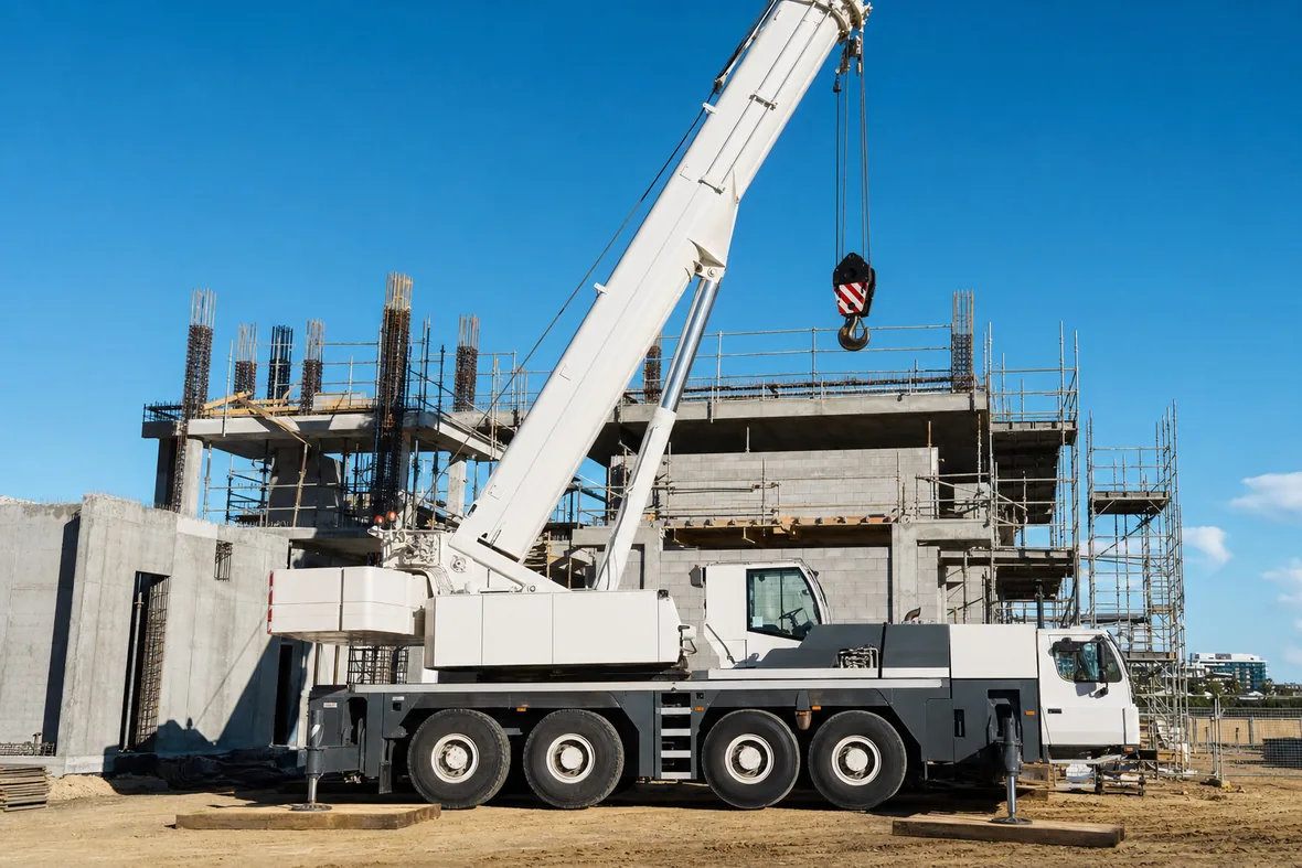 All-terrain mobile slewing crane set up on outriggers with the boom raised on an Australian construction site