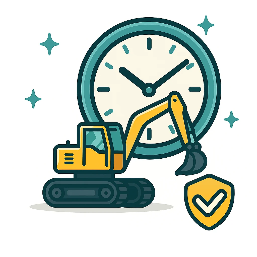 Excavator beside a clock representing continuing hire charges and lost hire income cover