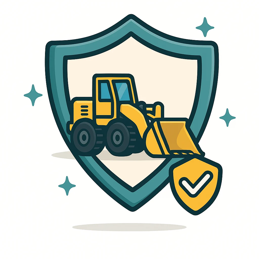 Wheel loader behind a protective shield representing cover for damage while a machine is on hire