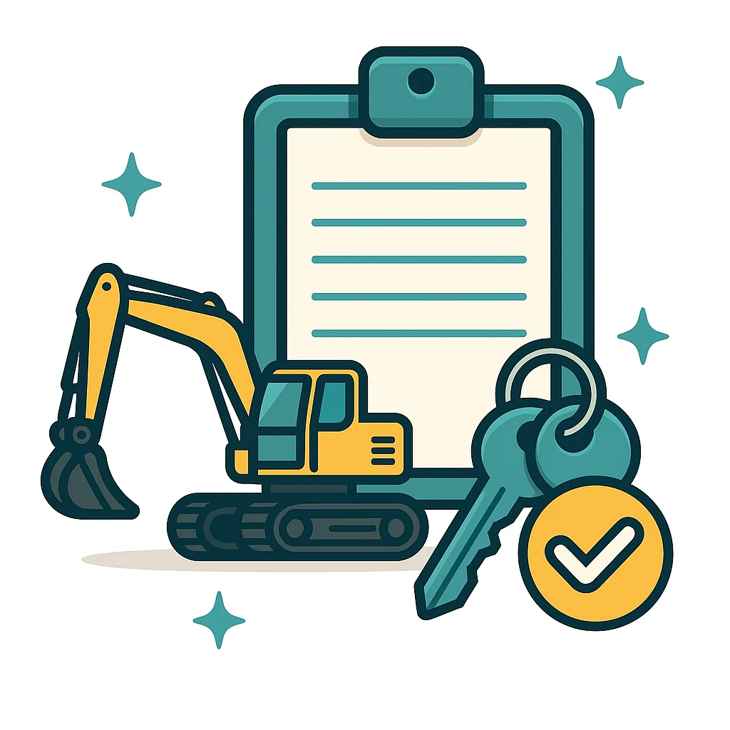 Mini excavator with a hire tag representing hired-in plant cover