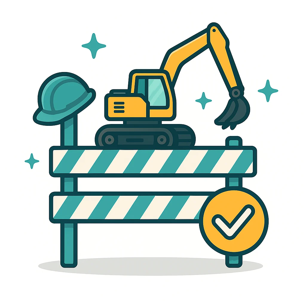 Excavator under a protective arc representing public liability arising from hired-out plant