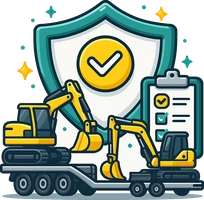 Dry hire insurance icon showing two excavators loaded on a float trailer with shield protection and a checklist, representing cover for plant hired out without an operator in Australia.