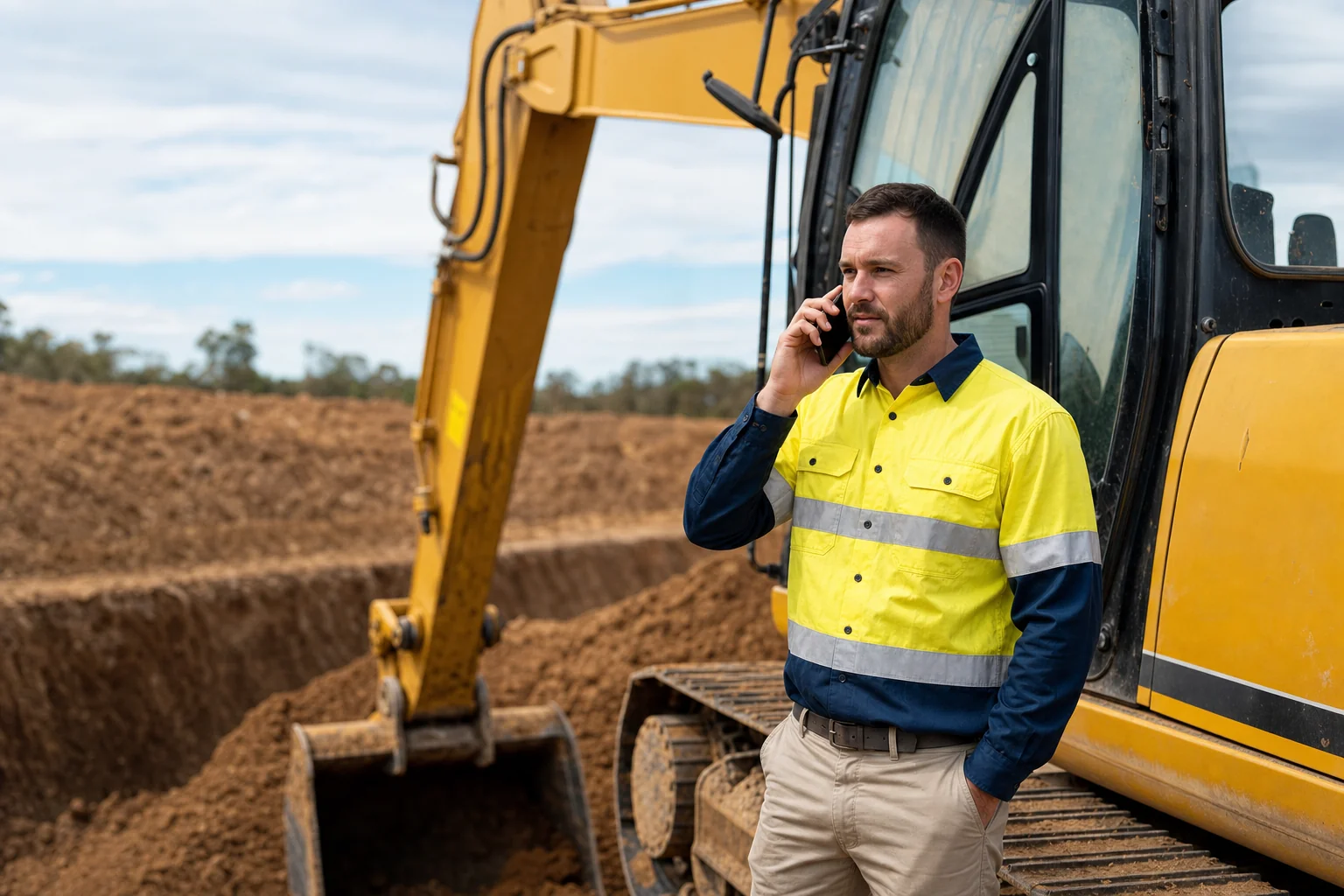 Operator on the phone to their insurance broker beside a hydraulic excavator on an Australian construction site