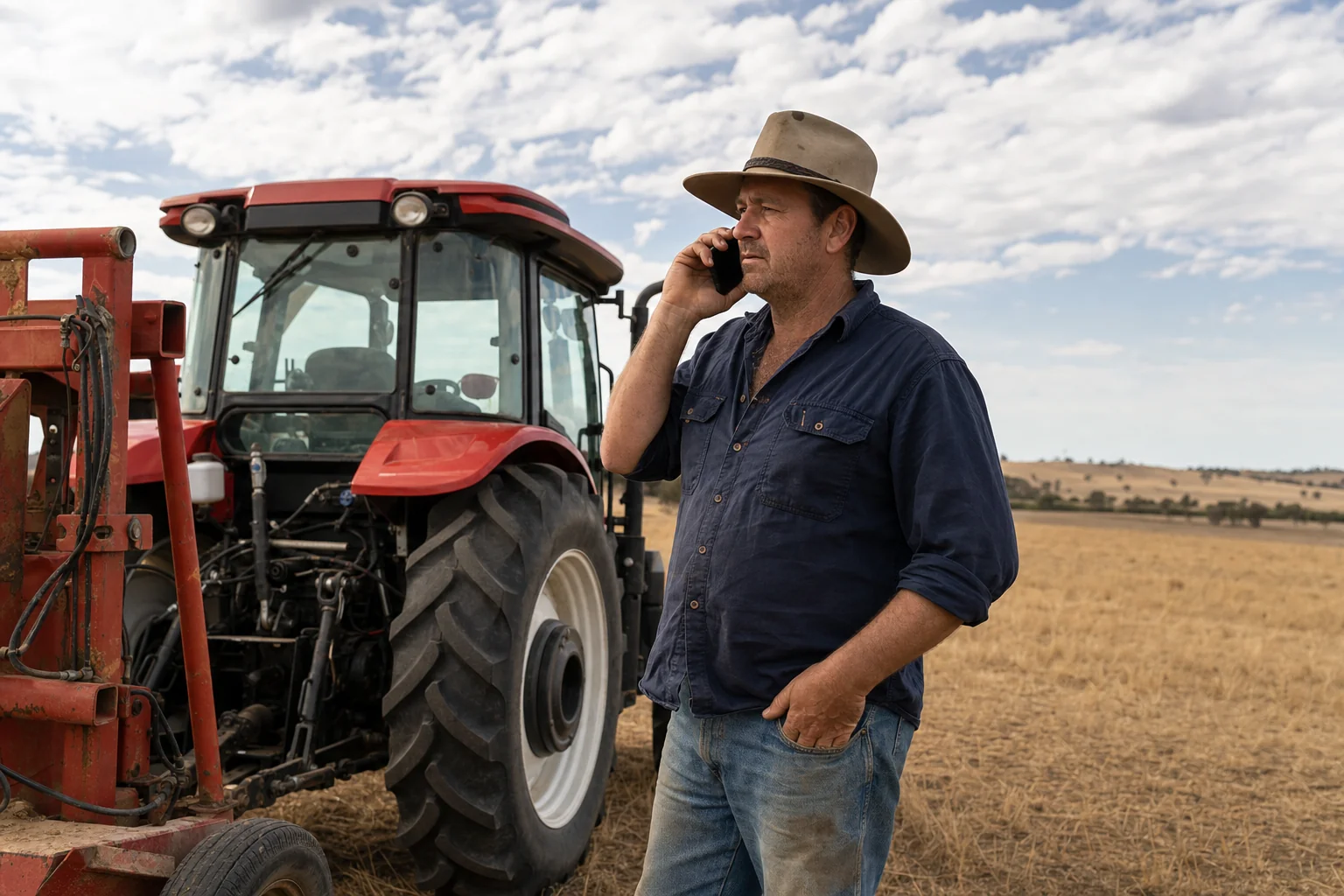 Australian farmer on the phone to their insurance broker beside farm machinery in a paddock