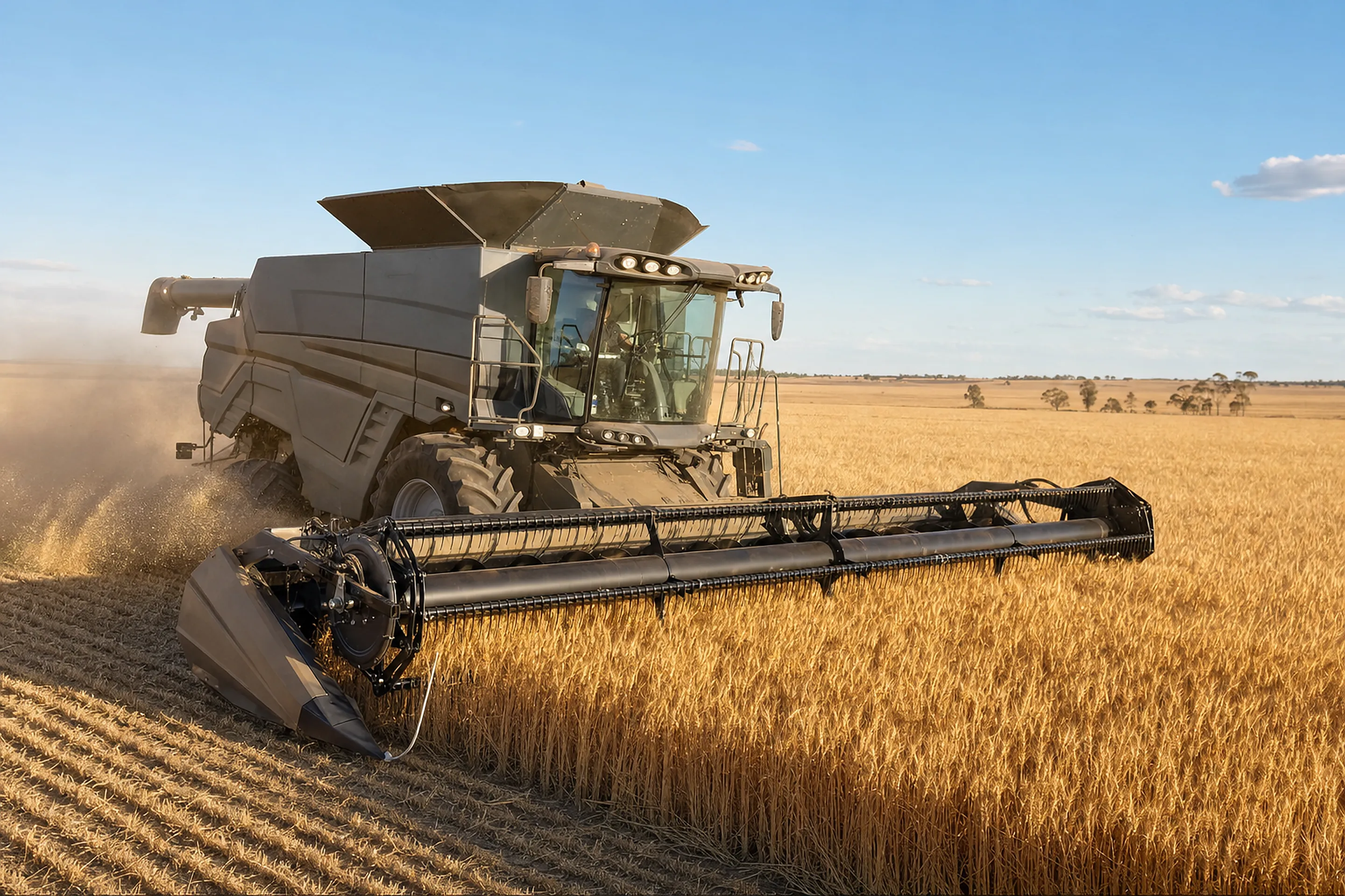Agricultural harvester working in an Australian wheat paddock at harvest