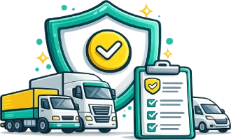 Fleet insurance icon showing multiple trucks with shield protection representing motor cover for transport fleets and multi vehicle operators in Australia.