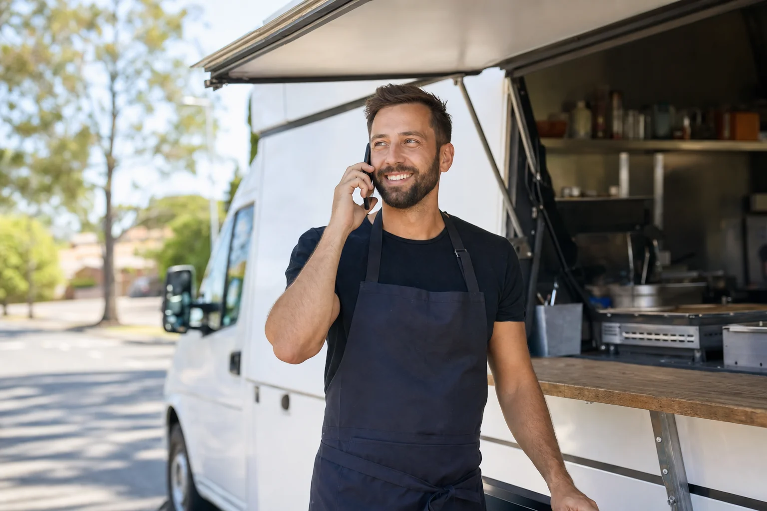 Food truck owner on the phone to their insurance broker beside their mobile catering van in Australia