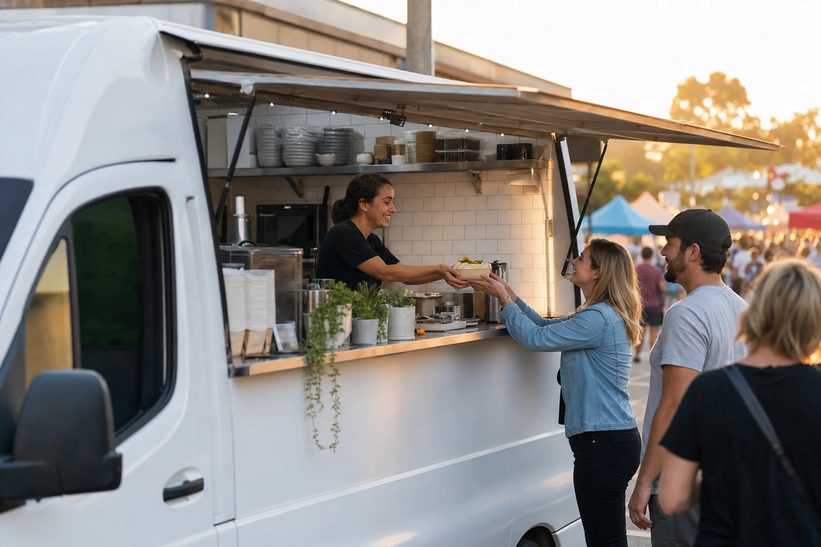 Australian food truck serving customers at a street food market