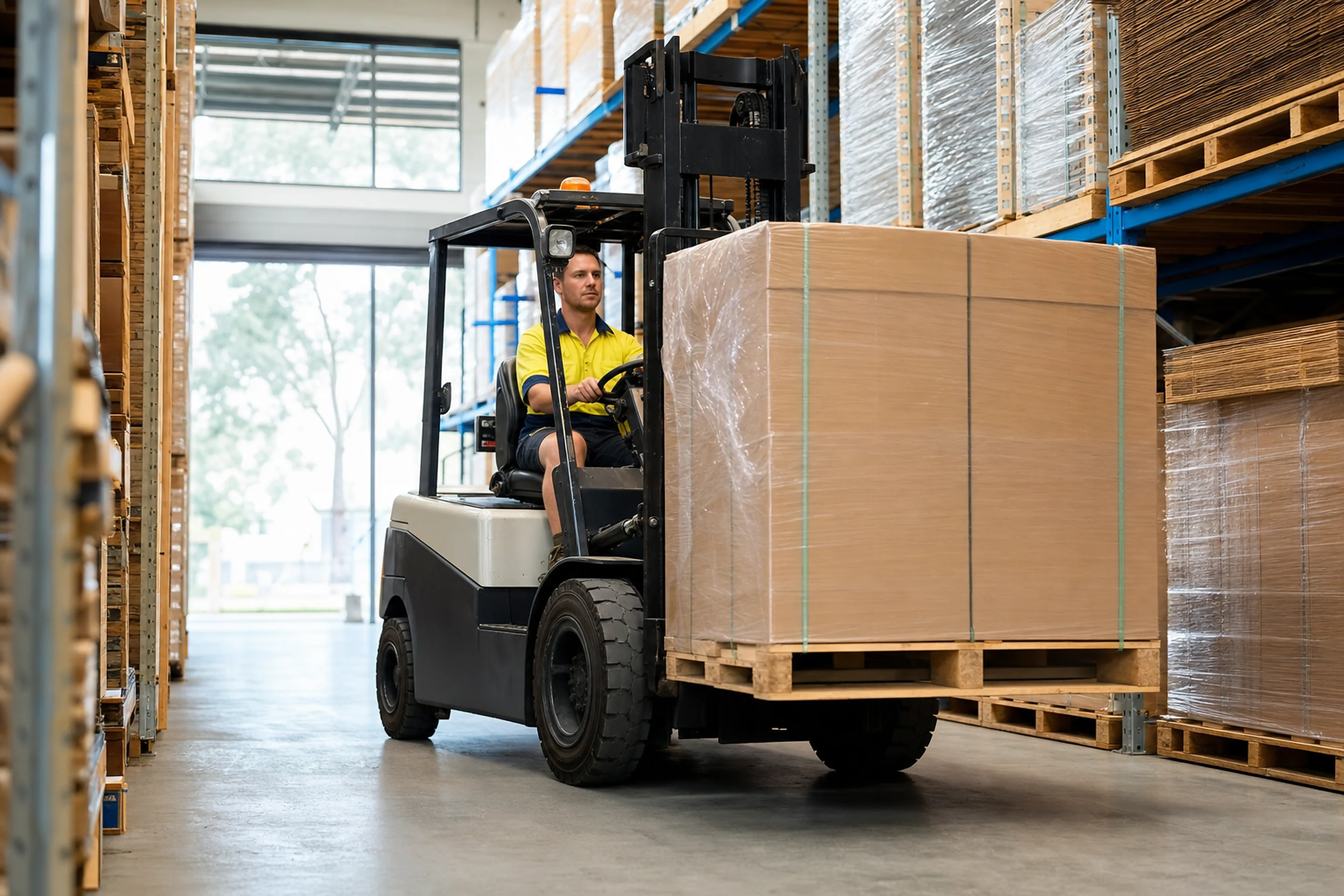 Counterbalance forklift carrying a pallet through an Australian warehouse