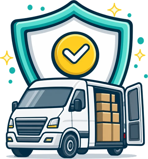 Goods in transit insurance icon showing a delivery van and stacked parcels with shield protection, representing cover for stock, tools and freight carried by road in Australia.