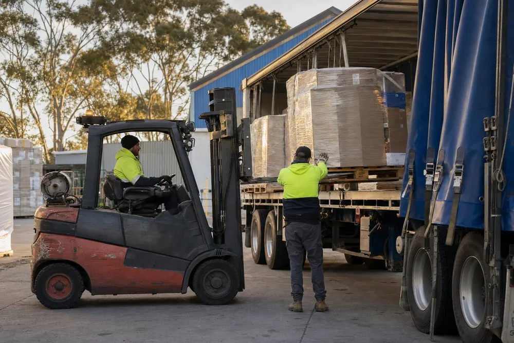 Palletised general freight being loaded into a curtainsider trailer at an Australian depot