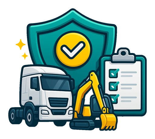 Industry understanding icon showing a transport truck and excavator with an insurance shield and checklist for transport and heavy equipment cover.