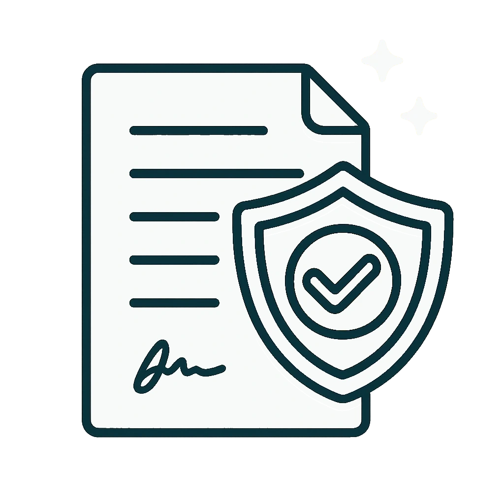 Illustration of a signed contract document with a pen and an insurance shield representing contractual and principal liability cover