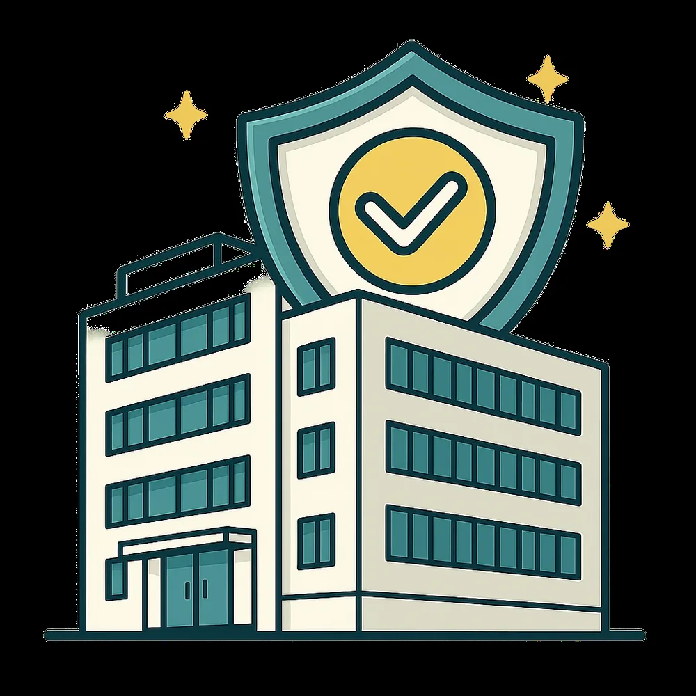 Illustration of a professional handshake in front of an office building with an insurance shield representing specialist transport liability insurers